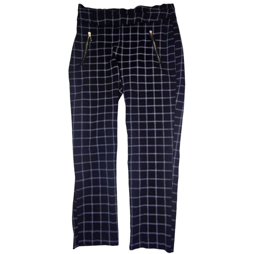 Maurices Womens Black White Windowpane Plaid Pull On Dress Pants Gold Zip Accent